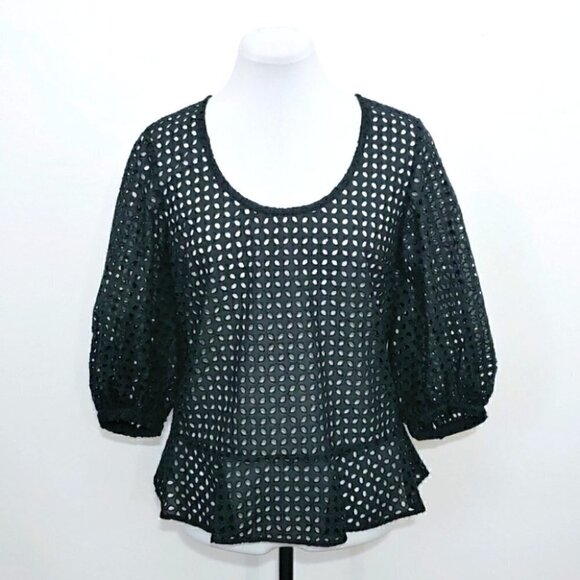 NWT CLUB MONACO Black eyelet embroidered puff sleeve blouse - Picture 3 of 12